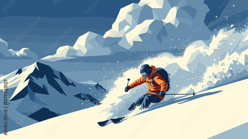 Fototapeta premium Dynamic winter sports scene with skier on snowy mountain