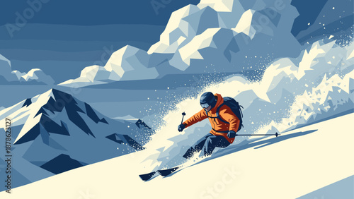Dynamic winter sports scene with skier on snowy mountain