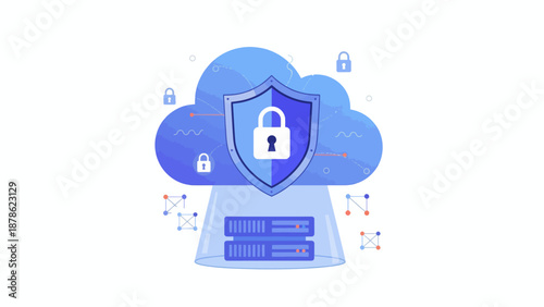 Secure Data Storage with Shield and Lock Icons Representing Protection and Safety in Cloud Computing