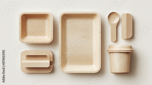 Beige eco-friendly food containers and utensils are arranged on a light surface