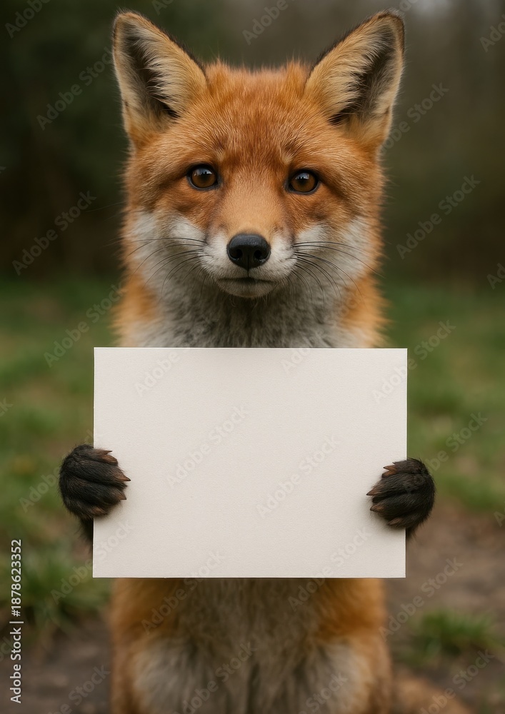Fototapeta premium Charming fox holding blank sign.