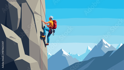 Climber ascending mountain cliff with snowy peaks in background