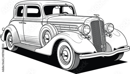 Elegant Vintage 1930s Coupe Automobile in a Detailed Black and White Line Art Style.
