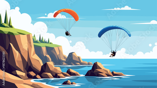 Paragliding adventure over coastal cliffs with scenic ocean and blue sky