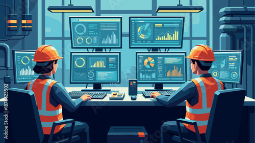Engineers in safety gear monitoring data on multiple screens in modern control room