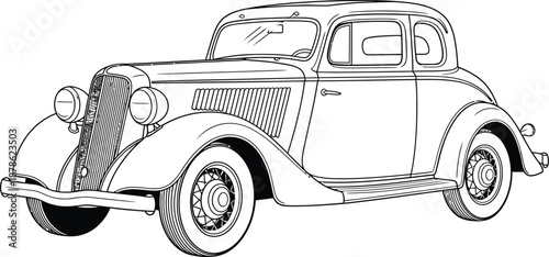 Elegant vintage 1930s coupe car with prominent fenders a detailed black and white line art illustration.