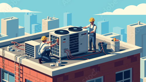 Urban rooftop hvac servicing in a cityscape setting with technicians