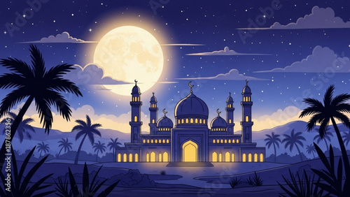 Moonlit mosque with palm trees under starry night sky at dusk islamic architecture illustration
