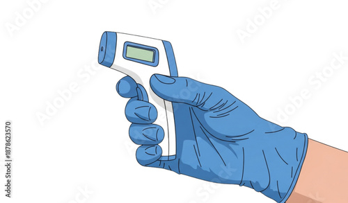 Close up medical gloved hand holding thermometer flat vector illustration