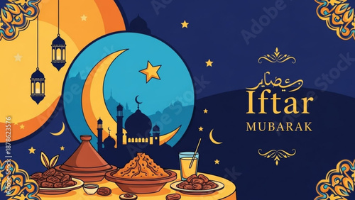 Iftar Mubarak greeting with crescent moon mosque silhouette and traditional food Ramadan celebration concept vector illustration
