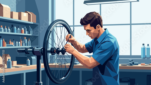 Man repairing bicycle wheel in workshop with modern geometric style