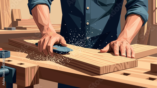Skilled woodworker sanding wooden plank in rustic workshop setting