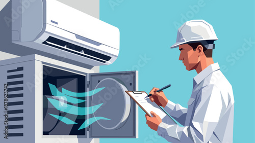 Technician inspecting modern air conditioner in flat design illustration