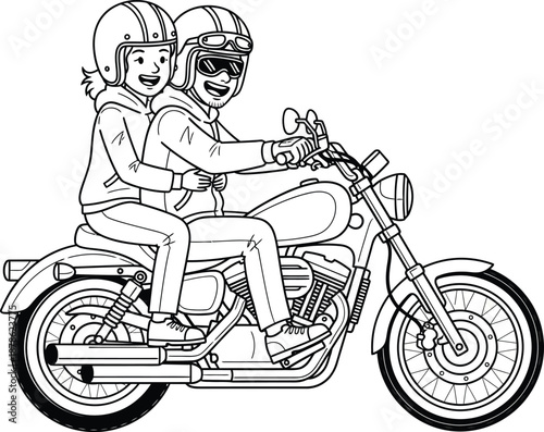 Happy cartoon couple wearing helmets and hoodies riding a classic cruiser motorcycle black and white line art illustration.