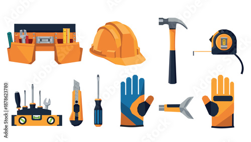 Construction tools and safety gear in flat design with vibrant colors