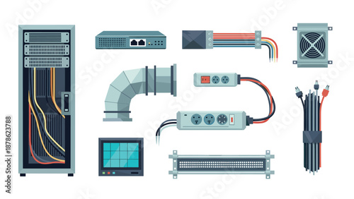 Data center network equipment in detailed flat design for modern it solutions