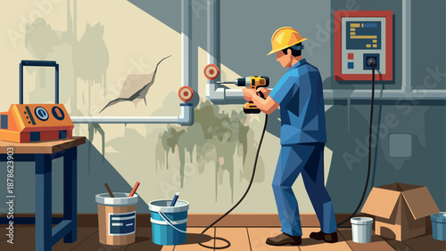 Skilled handyman fixing leaking pipes in industrial setting with tools and equipment