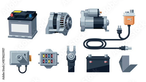 Electrical vehicle components set with various automotive parts in flat design