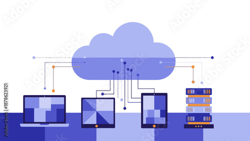 Cloud computing illustration showcasing multiple devices connected to a central cloud storage system with database servers