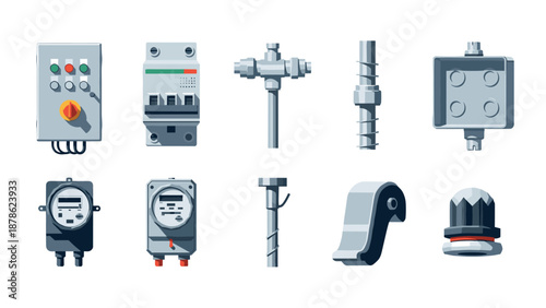 Industrial equipment icons collection in flat style with bold shadows
