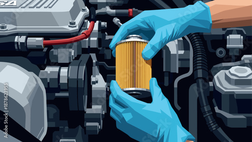 Mechanic changing car oil filter wearing blue safety gloves in detailed illustration