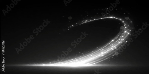 An abstract digital art illustration of a dark blue universe background featuring a glowing planet sphere with motion particles and light rays flaring across a starry night sky wallpaper