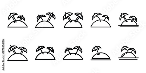Party celebration island getaway line art icon set. Minimalist Holiday line art vector icons collection
