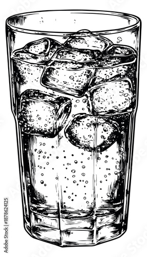 Hand drawn line art illustration of a cold drink with ice cubes depicting refreshment and bubbles for summer beverages
