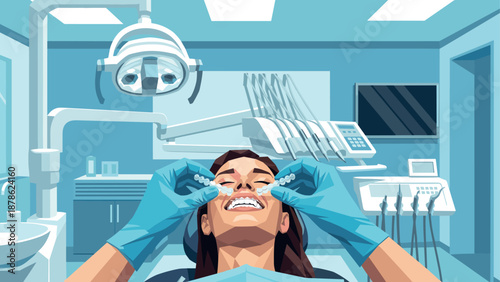 Modern dental office visit: woman receiving care in contemporary clinic setting