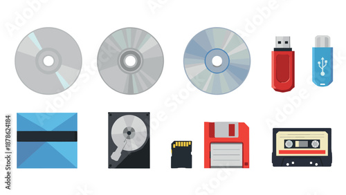 Retro and modern data storage devices: cds, floppy disks, usb drives, cassette tapes