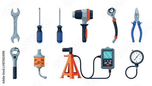 Collection of workshop and repair tools in modern flat design