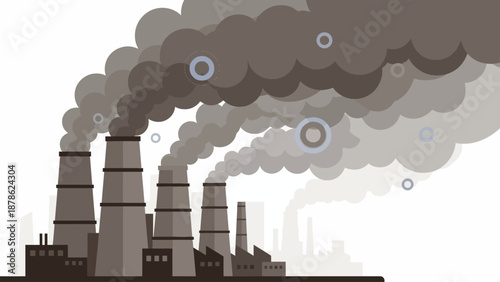 Industrial landscape with factories emitting smoke and pollution into the atmosphere from various chimneys and vents