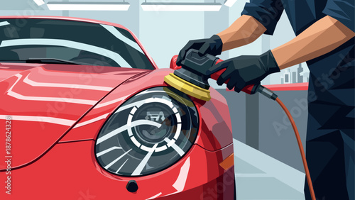 Car detailing process with polisher in modern garage setting