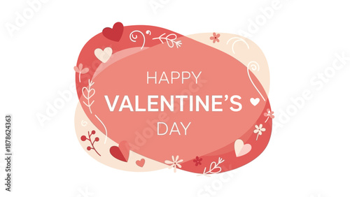 Happy Valentine's Day greeting card with floral elements and hearts on a pink background, perfect for expressing love and affection