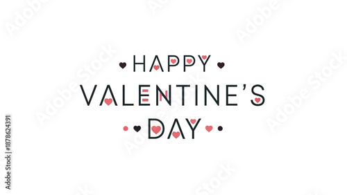 Happy Valentine's Day typography with small hearts and dots on a white background