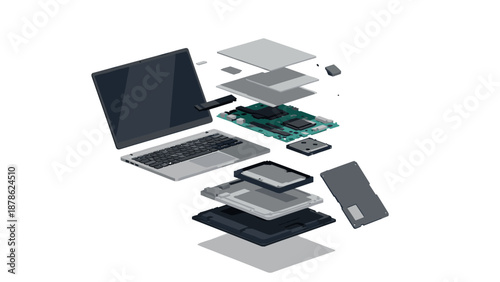 Exploded view of laptop components in modern 3d style for technology enthusiasts
