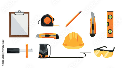 Essential construction tools set with safety gear in modern flat design