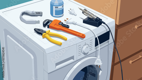 Home appliance repair essentials: tools on washing machine in modern style