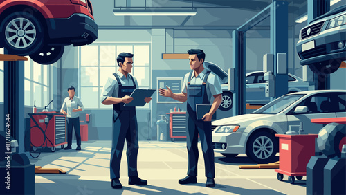 Modern auto repair shop with mechanics in uniform discussing repairs in a garage