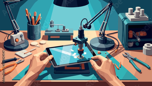 Modern flat design electronics workshop with precision tools and circuit board