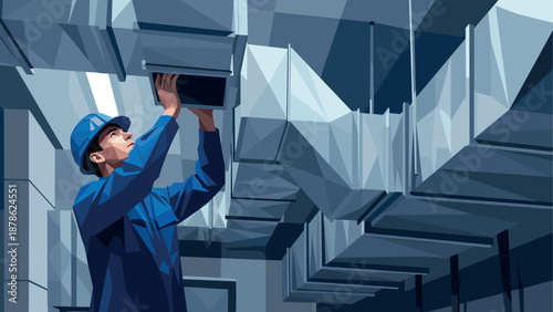 Hvac technician inspecting ventilation system in geometric style art