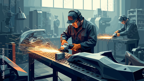 Industrial workshop scene with workers using machinery and tools