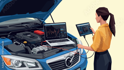 Mechanic analyzing engine diagnostics with laptop and tablet technology in action