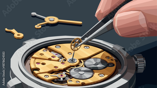 Precision engineering: close-up of watchmaker's hands assembling watch parts in geometric style