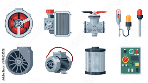 Industrial machine components and control system in modern flat design with detailed engineering elements