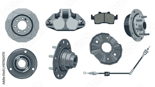Automotive brake components set: disc, pad, caliper, and hub in detailed design