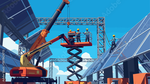 Construction workers installing solar panels on industrial building in bright daylight