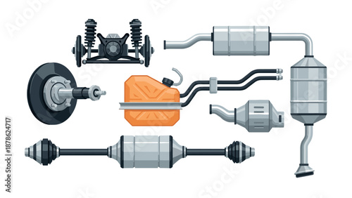 Automotive parts design: exhaust system, catalytic converters, fuel tank, gear, suspension