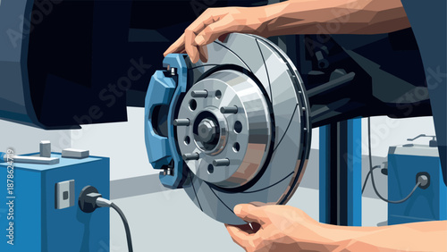 Mechanic installing brake disc in modern geometric style workshop scene