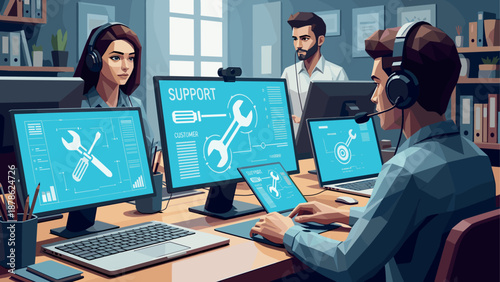 Customer support team in modern office with technology and headsets